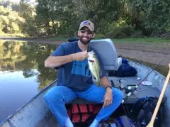 Caught in the morning with a fake worm on a Texas rig in about 2 feet of water. Great time for a flat bottom aluminum!!!